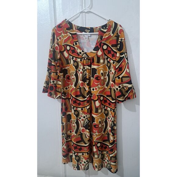 Jude Connally Womens Xl EARTH TONE Fall shift dress Tan Red geometric - Picture 2 of 6